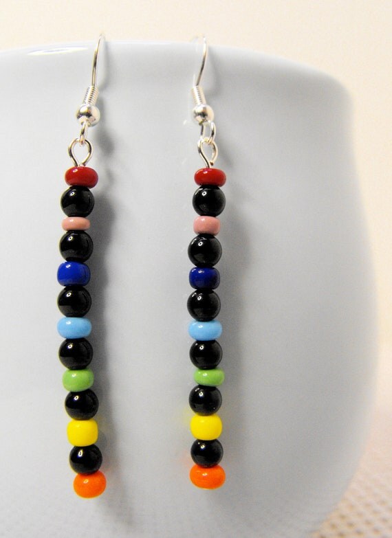 Rainbow Glass Bead & Onyx Earrings by RVTD on Etsy