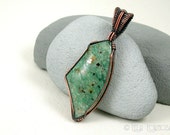 Mariposite Green Stone Shiny Pyrite Freeform Cut Custom Pendant Wire Wrapped, Wire Wrap Pendant, Weave Woven Designer Artisan Copper Jewelry