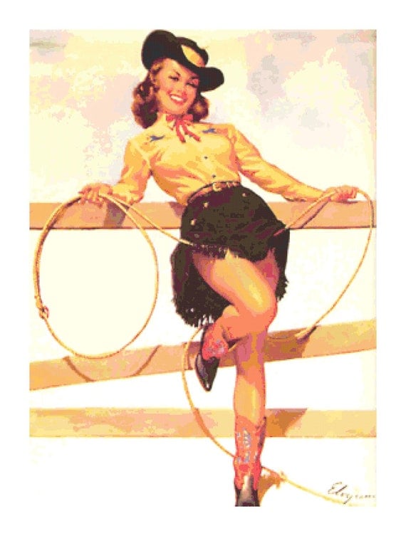 Vintage Retro Cowgirl Pin Up Girl With Lasso Pdf Cross Stitch