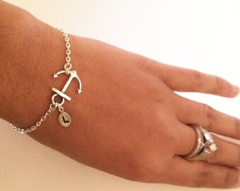 sale,Anchor bracelet,silver anchor bracelet,friendship gift,best friend gift,initial bracelet,initial leaf and anchor,personalized bracelet