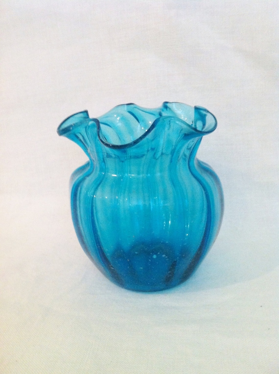 Aqua Blue Art Glass Vase Handblown Fluted Vintage by Comforte