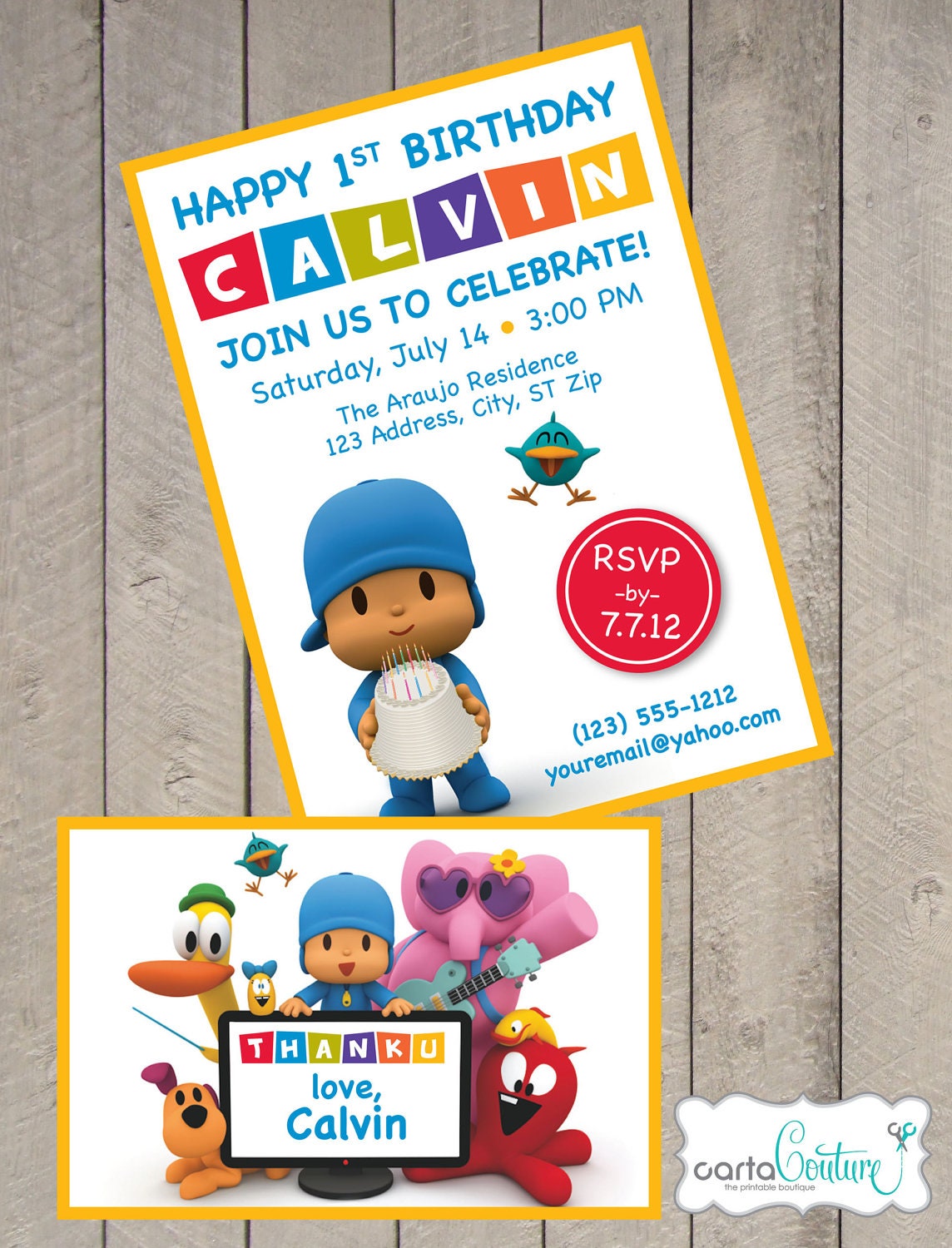 Pocoyo DIY Printable Invitation and Thank You Card Set by