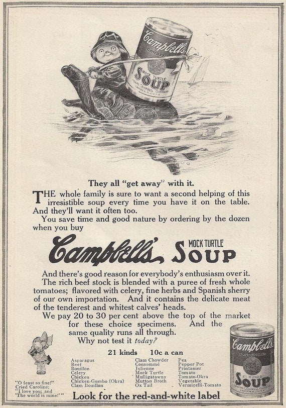 1912 Campbells Soup ad Campbell Kid riding Turtle Antique