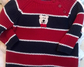 Boys Toddler Red Blue Striped Sweater - Handmade Bear or Puppy - Size 4T Toddler