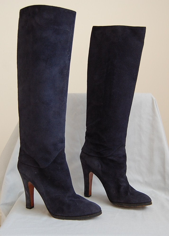 The Navy Blue Tall Suede High Heel Boots 1980s boots size 7