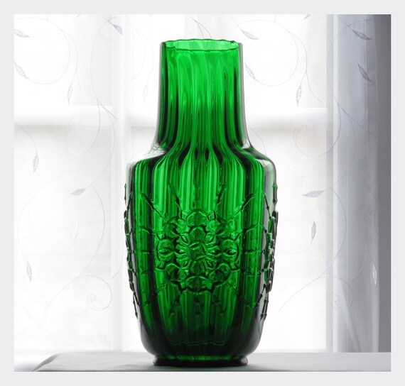 Large Dark Green vintage optic vase squared pressed glass