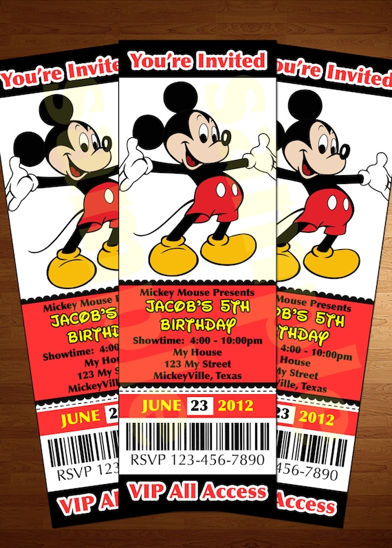 Mickey Mouse ticket invitation printable diy invite RED