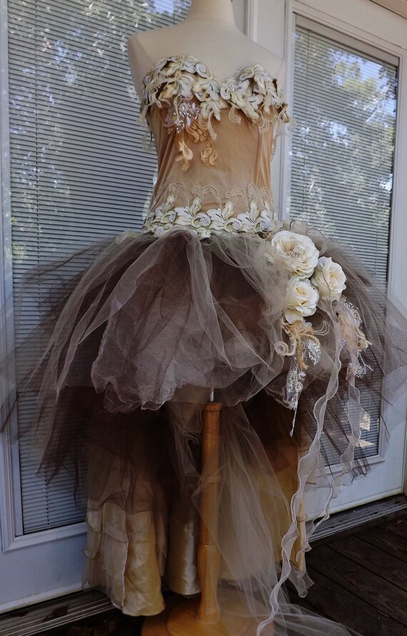 CUSTOM Handmade Wedding Dress Mini Plus Tail Beige Roses Tulle