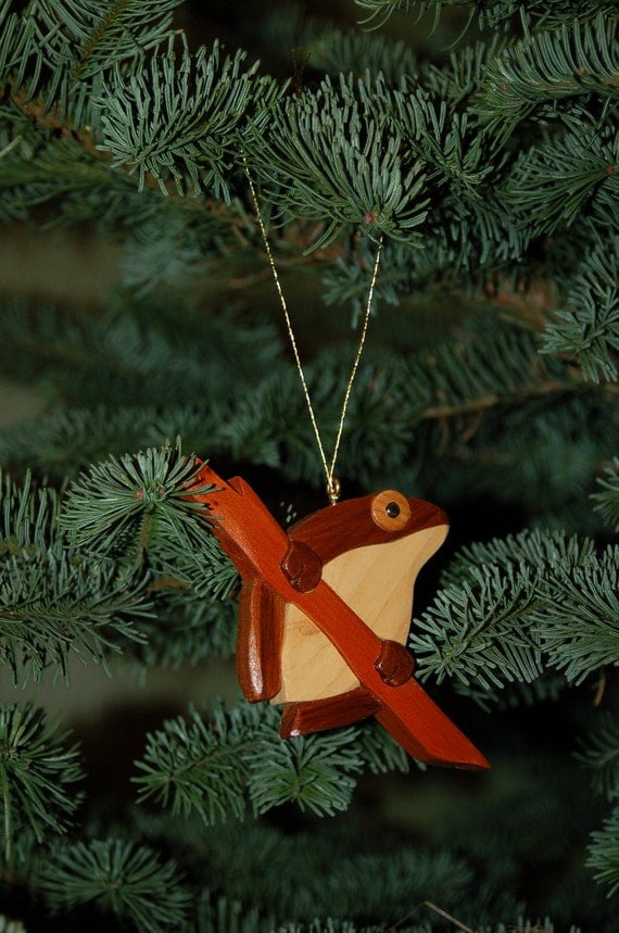 FROG on BRANCH Christmas ORNAMENT Wood Carving. Add a