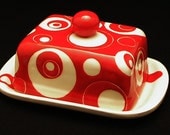 Butter Dish.Solid Red Knobbed Double Butter Dish.Red.Double.Circles.Dot.Butter.Handmade by Sara Hunter Designs. Butter Dish.Solid Red Knobbed Double Butter Dish.Red.Double.Circles.Dot.Butter.Handmade by Sara Hunter Designs.