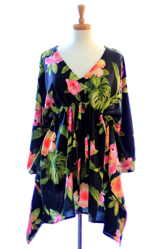 Hawaiian Print Caftan Dress Tropical Black by mademoisellemermaid