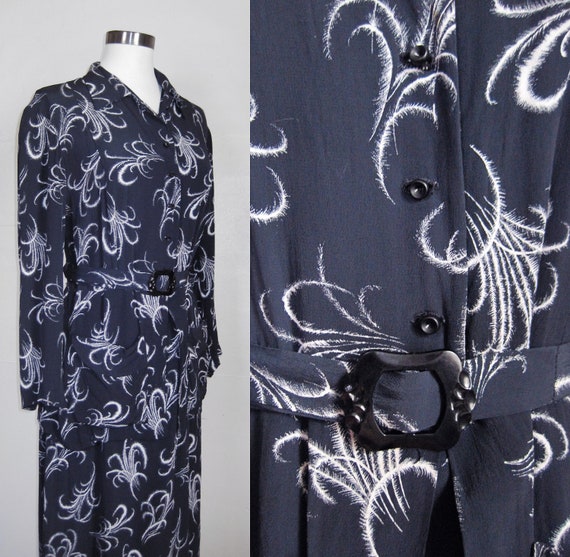 1930s Dress FEATHER PRINT Rayon Crepe Dress Peplum / 30s Deco