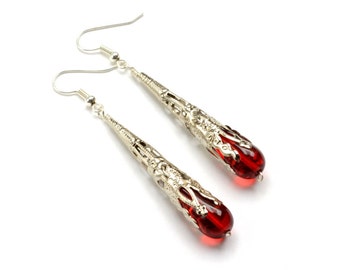 Victorian Steampunk Earrings RED Gothic Earrings Silver Dangle Earrings Victorian Romantic Steampunk Jewelry By Victorian Curiosities