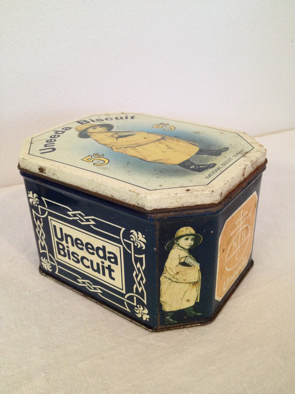 Vintage Uneeda Biscuit Tin Blue and Yellow by TheLittleThingsVin