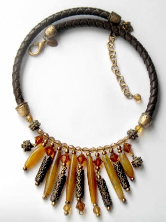 Chicos Tribal Necklace Leather Faux Stone Ethnic Fashion