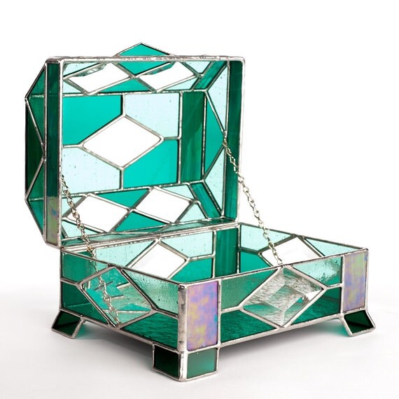 Stained Glass Jewelry Box Beveled In Teal
