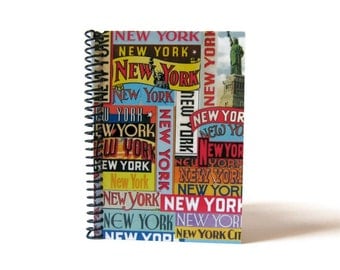 New York Labels Travel Writing Spiral Bound Journal Diary, Blank Sketchbook, Pocket Cute Notebook, A6, Back to School, Travel Gifts Under 20