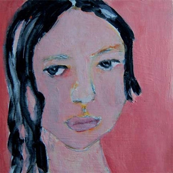 Acrylic Portrait Painting Robbie, Girl, Face, Black Hair, Peachy pink, 6x6 canvas board