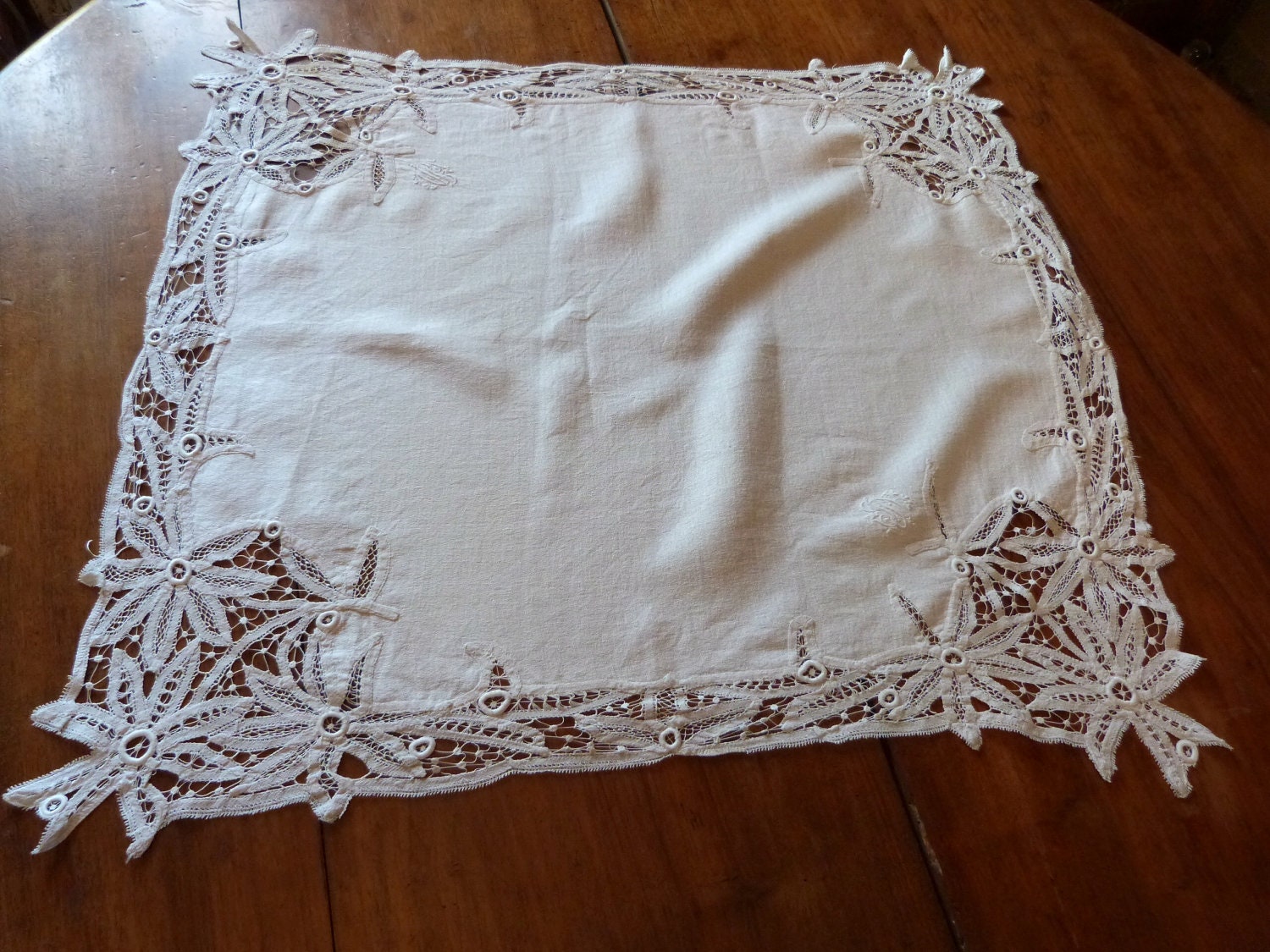 Antique French Battenburg lace tablecloth doily handworked w