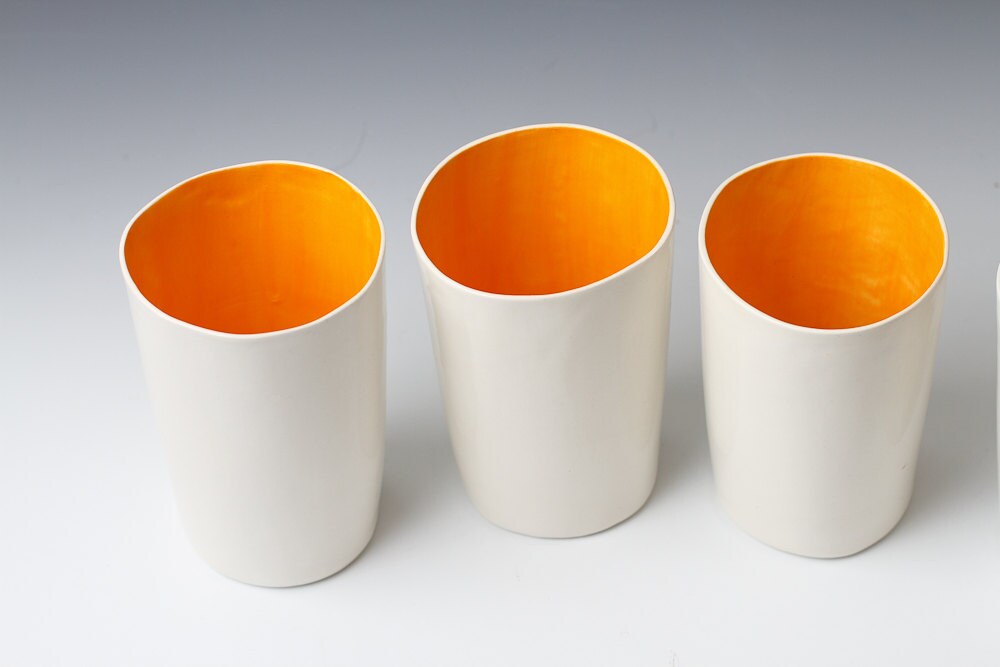 Large Cup or Vase in White and Bright Orange Handmade