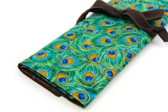 Large Knitting Needle Case - Royal Peacocks - 30 brown pockets for straight, circular, double point needles or paint brushes