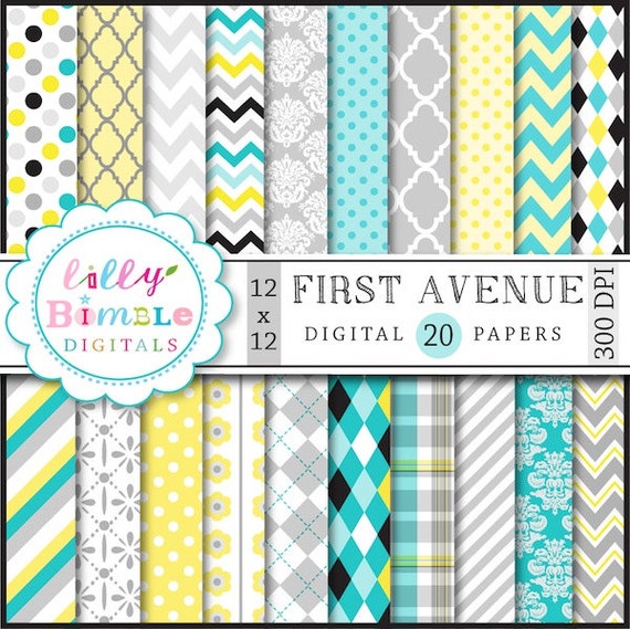 DIGITAL PAPERS IN turquoise gray yellow and black scrapbook paper chevron, damask, quatrefoil, polka dots Il_570xn