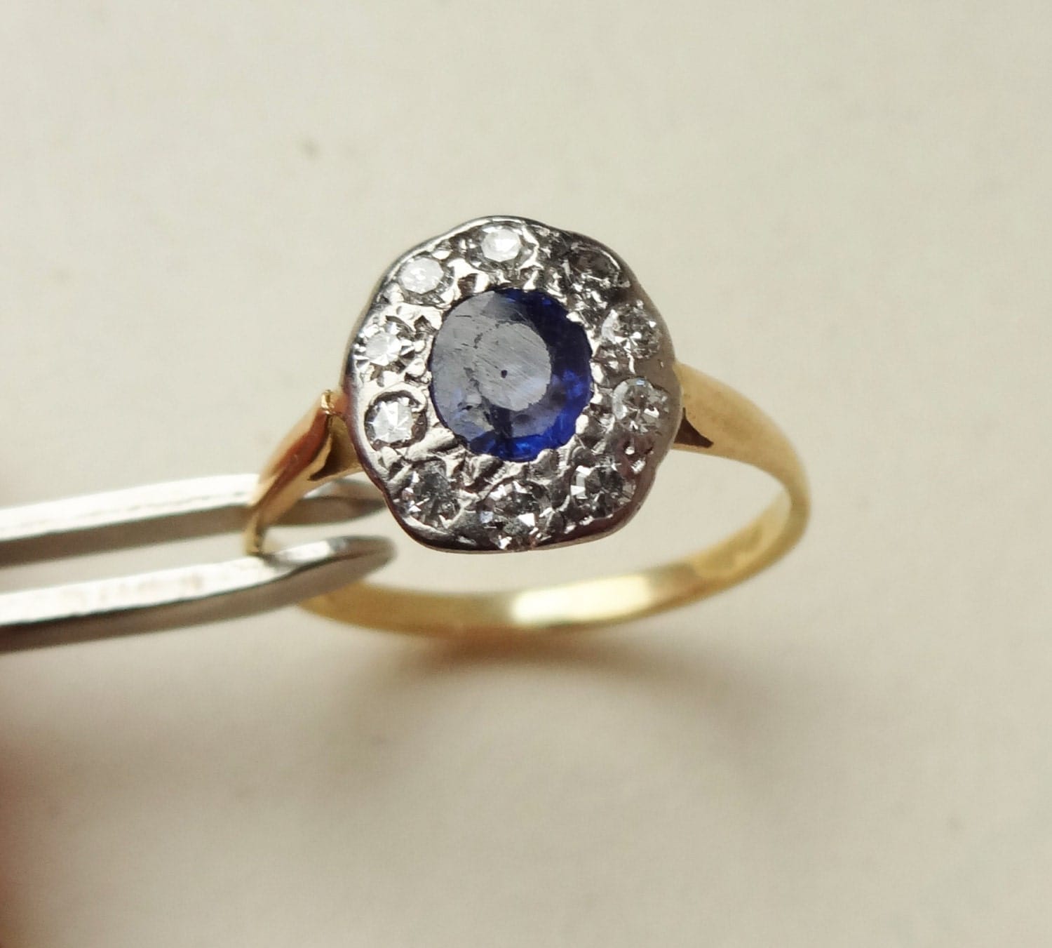 Antique Sapphire & Diamond 18k Gold Ring 1930's Diamond