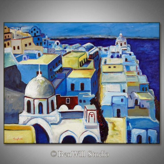 ORIGINAL Oil Painting SANTORINI GREECE White and Blue by benwill