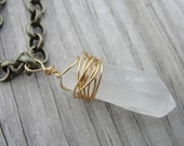 Raw Quartz Point Wire Wrapped Pendant Brass Chain  Necklace