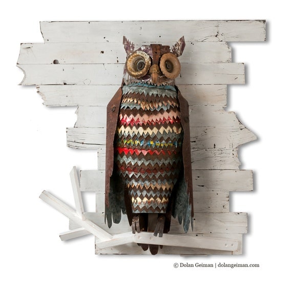 an owl made from reclaimed metal and wood and other found objects - featured on Living Vintage
