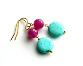 Jade Earrings, Howlite Earrings, Purple, Turquoise Blue Earrings, Gold Vermeil