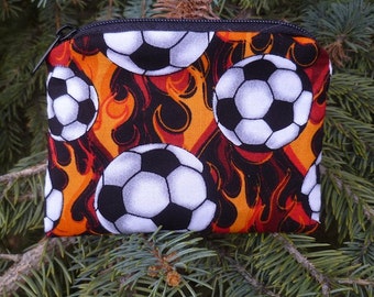 Soccer Coin Purse, credit card pouch, stitch marker pouch, soccer balls and flames, The Raven