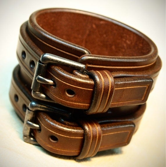 Leather cuff Bracelet Brown bridle leather Double strapped and scribed Detailing Custom made in NYC for YOU by Freddie Matara!