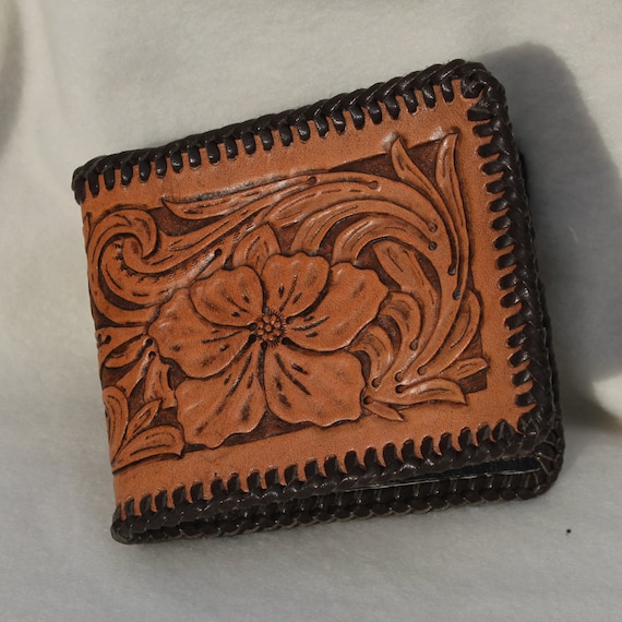 Hand Tooled Mens Leather Wallet with Traditional Western