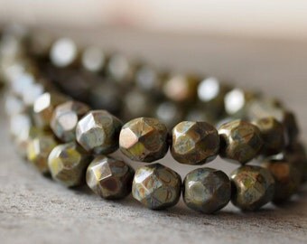 Olive Picasso 6mm Czech Glass Bead 6mm Faceted Round : 25 pc strand