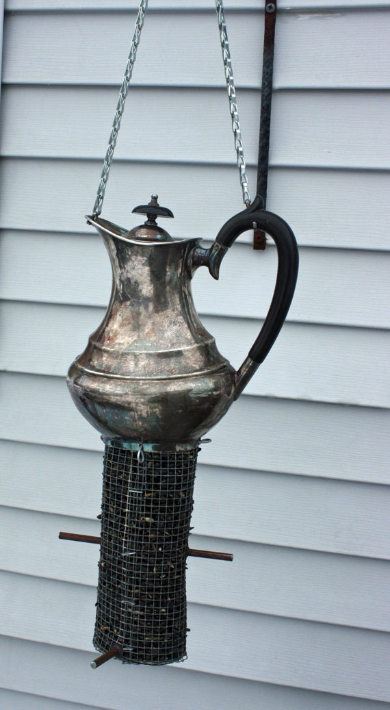Vintage Silver Plate Teapot Bird feeder Garden Art Found