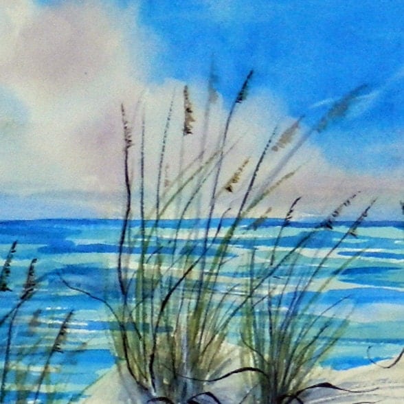 Seascape Watercolor Painting Sea Oats White Sand and Sea