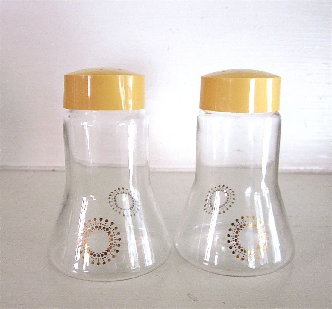 Vintage Pyrex Salt and Pepper Shakers Atomic Gold Sunburst