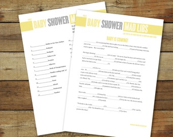 Printable baby shower Mad Libs, instant download, Mad Libs in yellow and gray