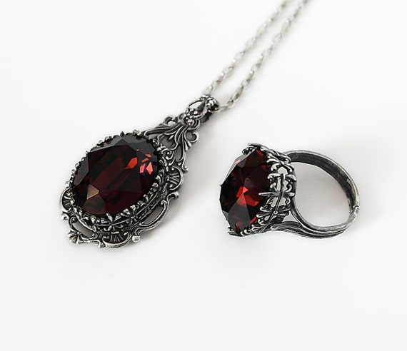 Burgundy Gothic Jewelry Set Red Swarovski Necklace by Aranwen