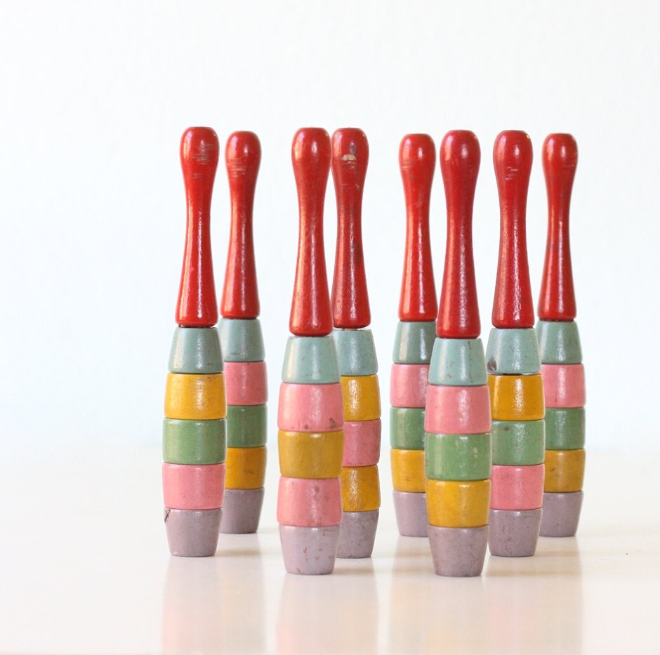 Vintage Skittle Pins Set of 8 Colorful Wooden Pins by bellalulu