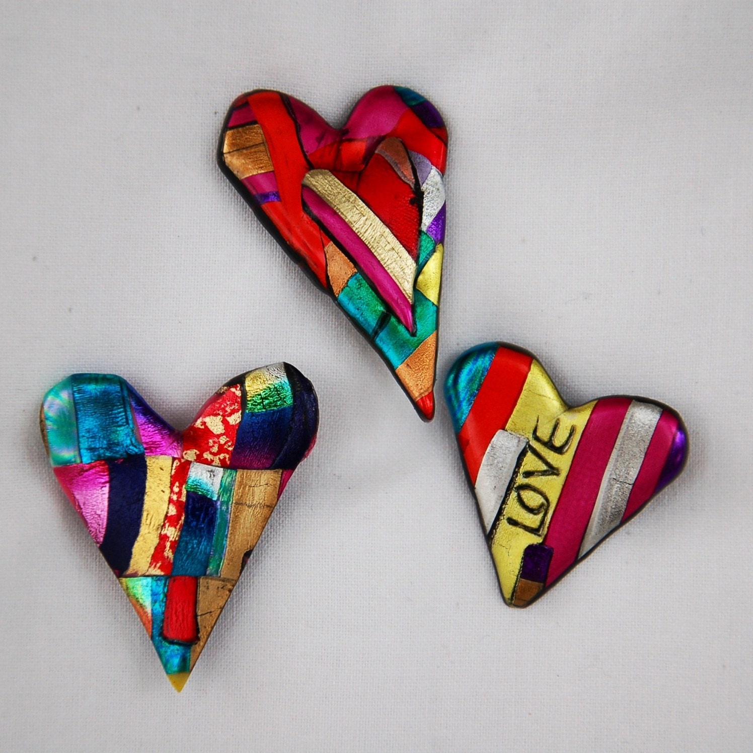 3 heart pins Love Patchwork colorful by JustPlainJane on Etsy