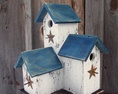 Primitive Country Condo Birdhouse White and Blue Three Nesting Boxes