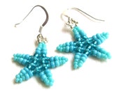 Beaded Starfish Earrings, Teal and Turquoise Blue