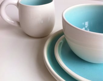 Wheel Thrown Stoneware Dinnerware Set - White And Robin's Egg Blue