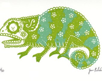 Sugar Skull Chameleon Limited Edition Gocco Screenprint