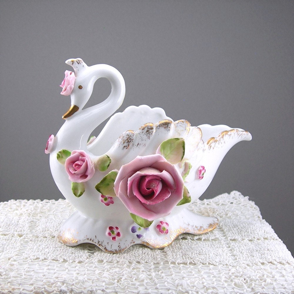 Lefton Swan Bowl Porcelain China Applied Pink Roses Made in