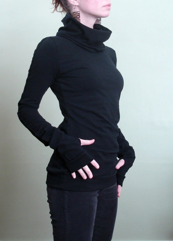 turtleneck cowl top with thumb hole sleeves in Black