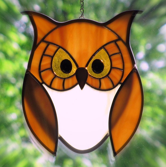 Stained Glass Golden Owl with Golden Eyes Suncatcher