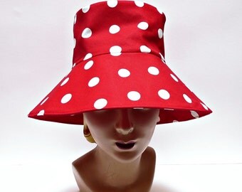 Women's Sun Hat in Lipstick Red Polka Dot Canvas - MADE TO ORDER